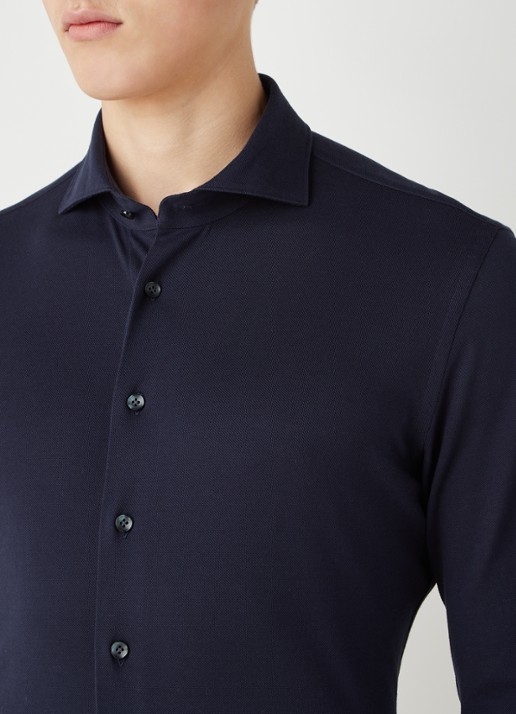 Profuomo The knitted shirt slim fit overhemd van piqué katoen - detail 2 donkerblauw