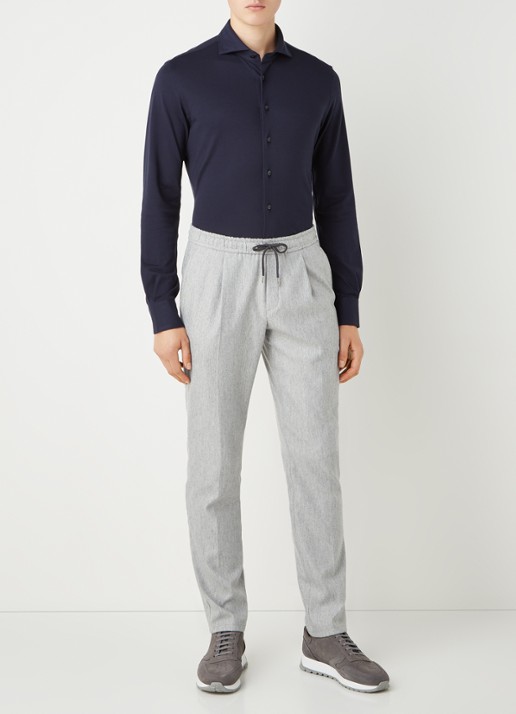 Profuomo The knitted shirt slim fit overhemd van piqué katoen - voorkant 5 donkerblauw