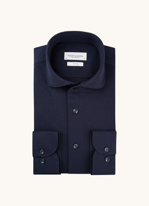 Profuomo The knitted shirt slim fit overhemd van piqué katoen - voorkant 6 donkerblauw