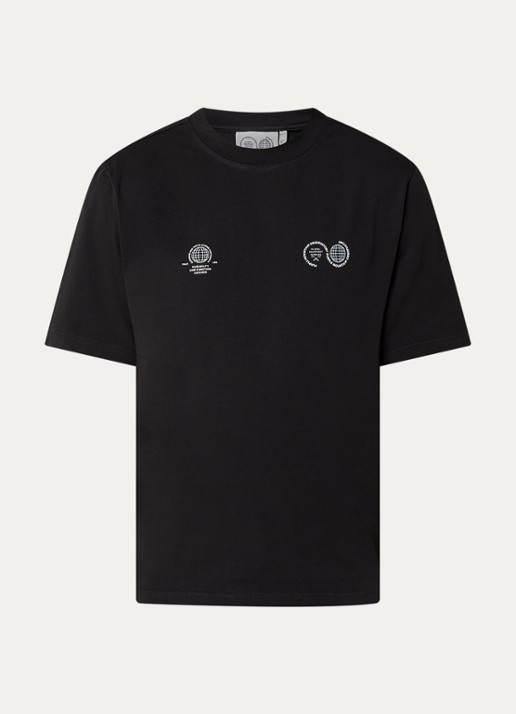 Purple Mountain Observatory Globe T-shirt met logo- en backprint - voorkant 3 zwart