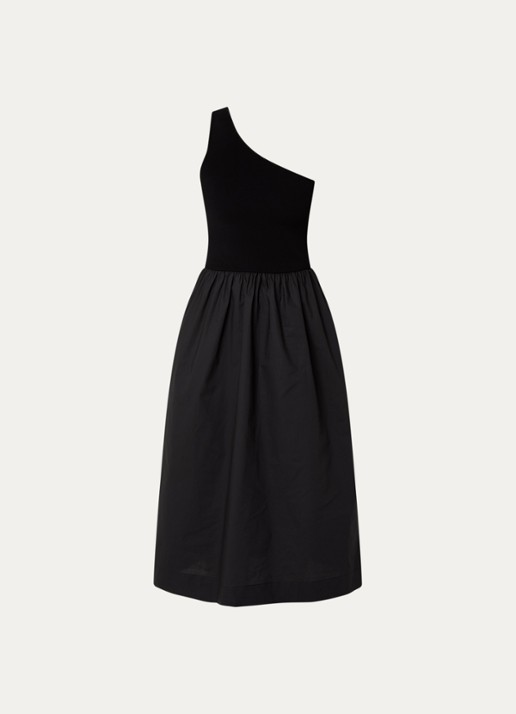 Rails Anita one shoulder midi jurk met steekzakken - voorkant 3 zwart