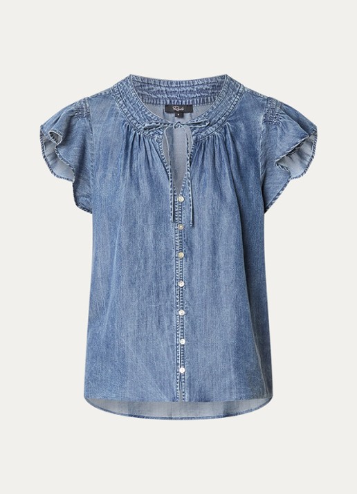 Rails Aviva blouse in linnenblend met vlindermouw - voorkant 2 staalblauw