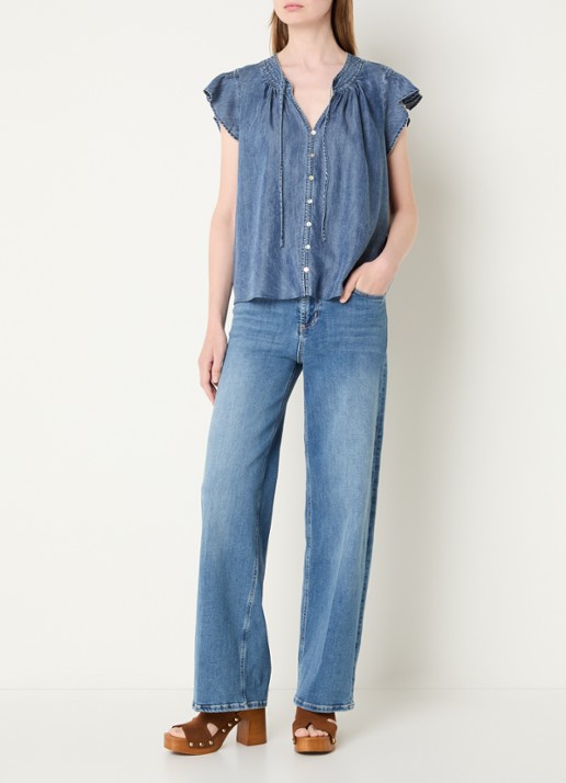 Rails Aviva blouse in linnenblend met vlindermouw - voorkant 3 staalblauw