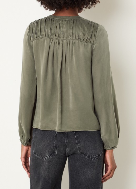 Rails Cadence blouse met glanzende finish en ballonmouw - achterkant olijfgroen