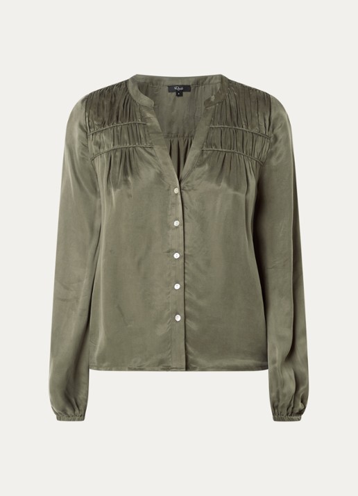 Rails Cadence blouse met glanzende finish en ballonmouw - voorkant 3 olijfgroen