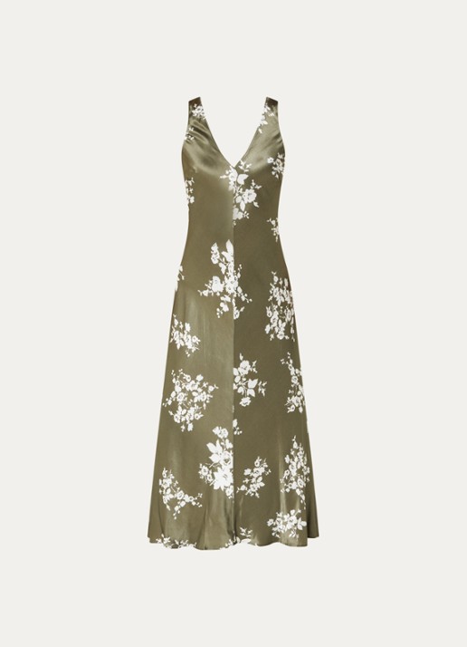 Rails Camelia maxi jurk van satijn met print - voorkant 3 mosgroen