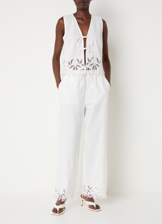 Rails Emmie mid waist loose fit broek met steekzakken en broderie - voorkant 4 gebroken wit