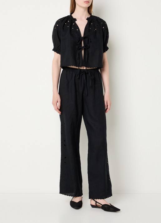 Rails High waist wide fit pantalon van linnen - voorkant 4 zwart