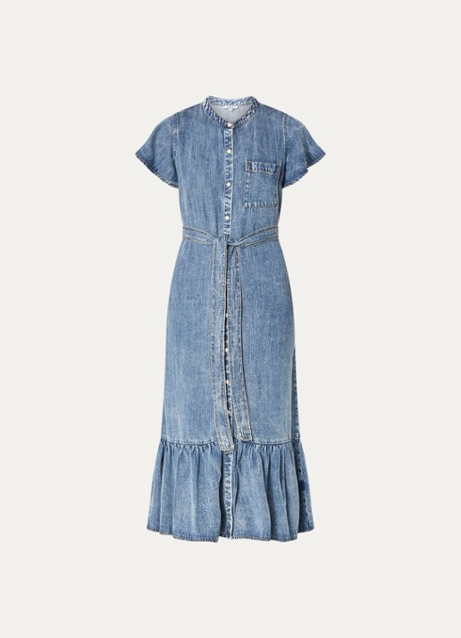 Rails Kahlo midi jurk van chambray met volant - voorkant blauw