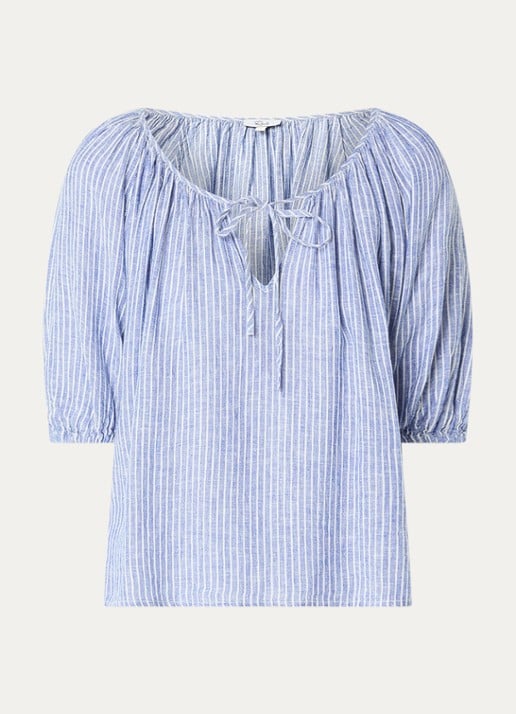 Rails Kirstie tuniek in linnenblend met streepprint en pofmouw - voorkant 3 lichtblauw