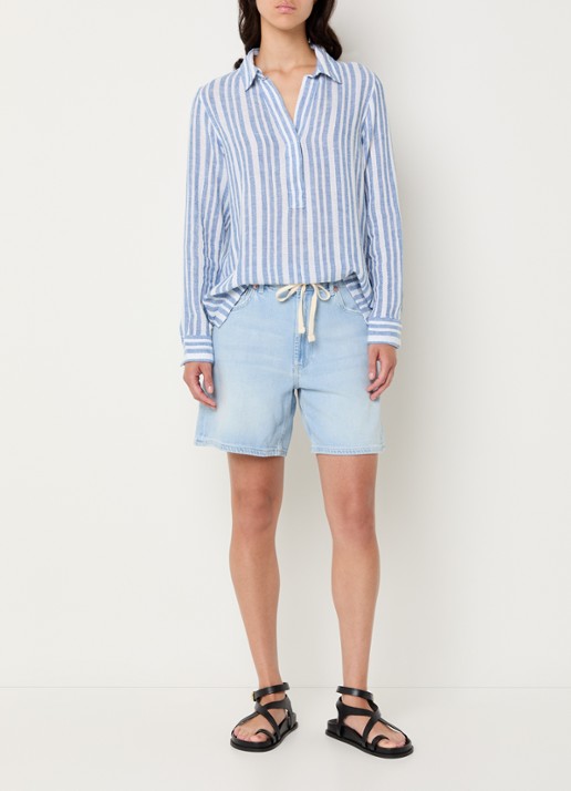 Rails Lagoon tuniek in linnenblend met streepprint - voorkant 3 blauwgrijs