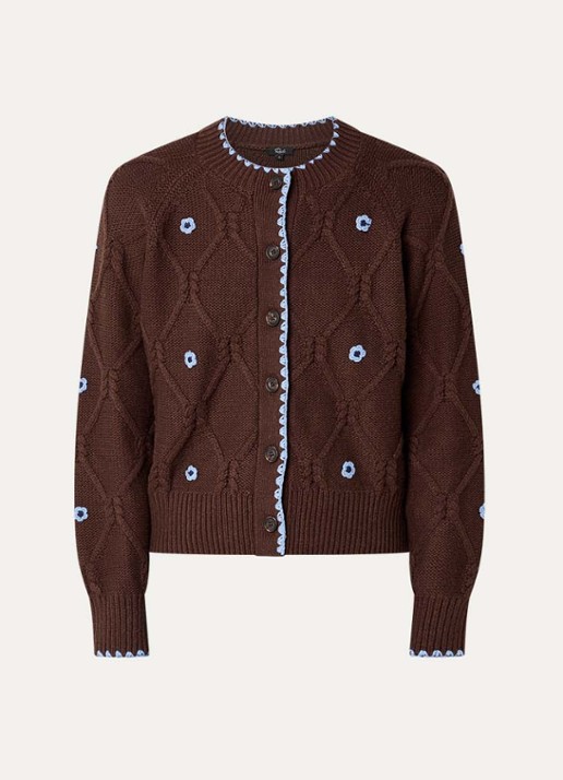 Rails Laurie kabelgebreid vest met bloemenprint - voorkant chocoladebruin