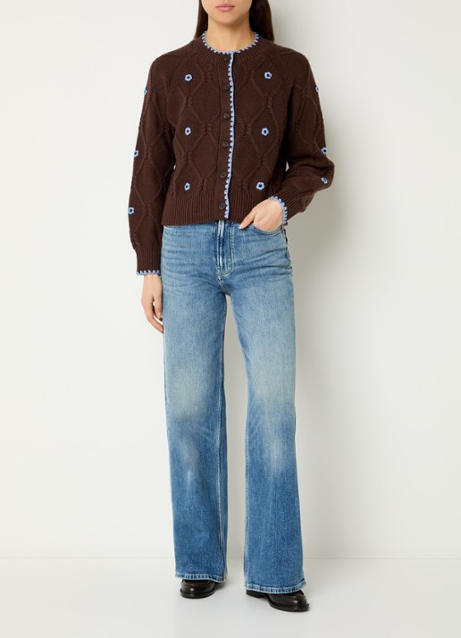 Rails Laurie kabelgebreid vest met bloemenprint - voorkant 2 chocoladebruin