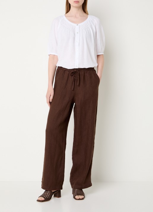 Rails Mid waist straight fit broek van linnen met steekzakken - voorkant 4 donkerbruin
