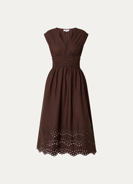 Rails Midi jurk met broderie en V-hals - voorkant donkerbruin