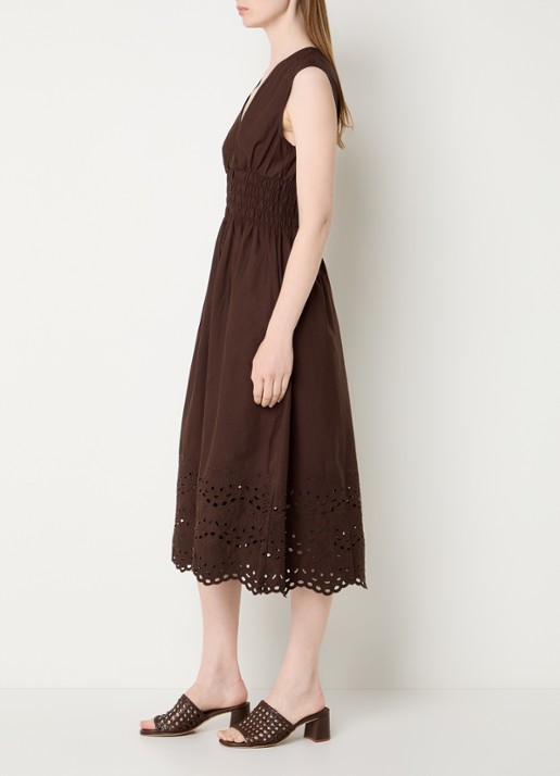 Rails Midi jurk met broderie en V-hals - voorkant 2 donkerbruin