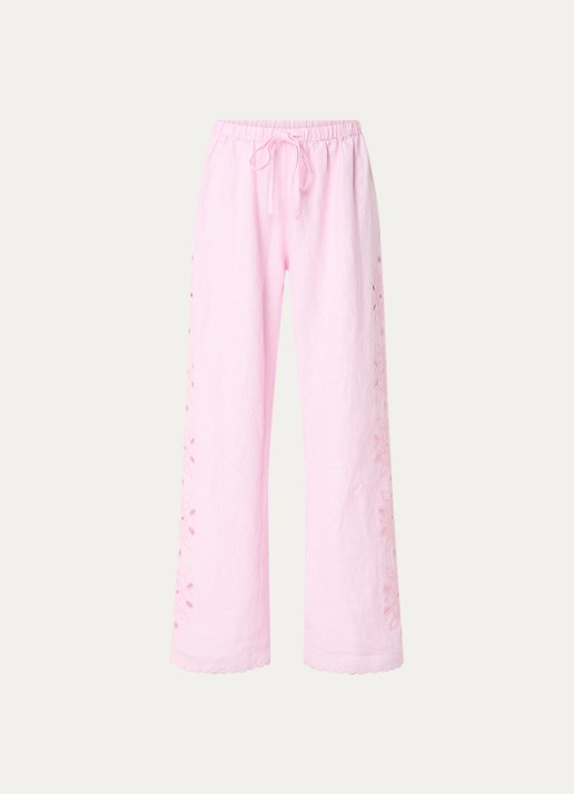 Rails Mirina mid waist loose fit broek van linnen met broderie - voorkant 2 lichtroze