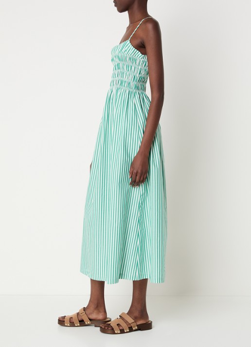 Rails Primrose midi A-lijn jurk met smockwerk en streeprint - voorkant 3 groen