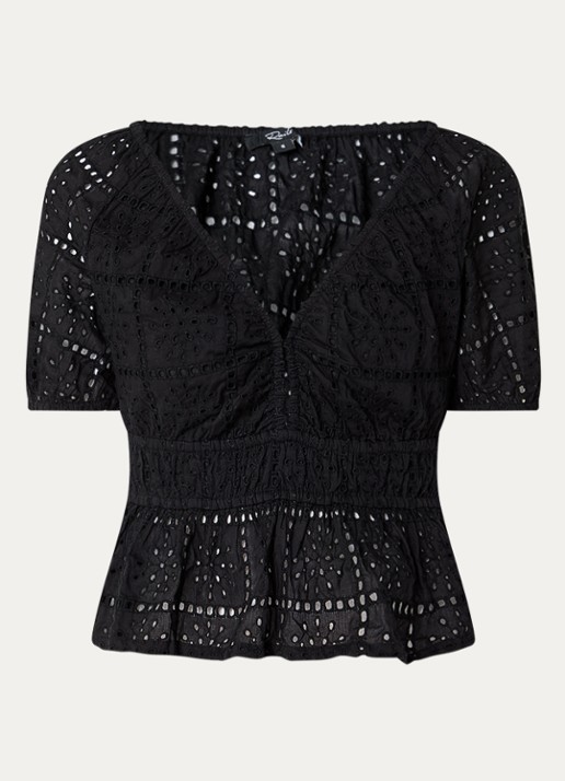 Rails Top met broderie en V-hals - voorkant 2 zwart