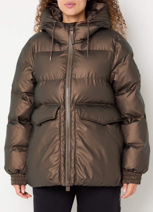 Rains Alta A-Line pufferjack met capuchon - detail zilver