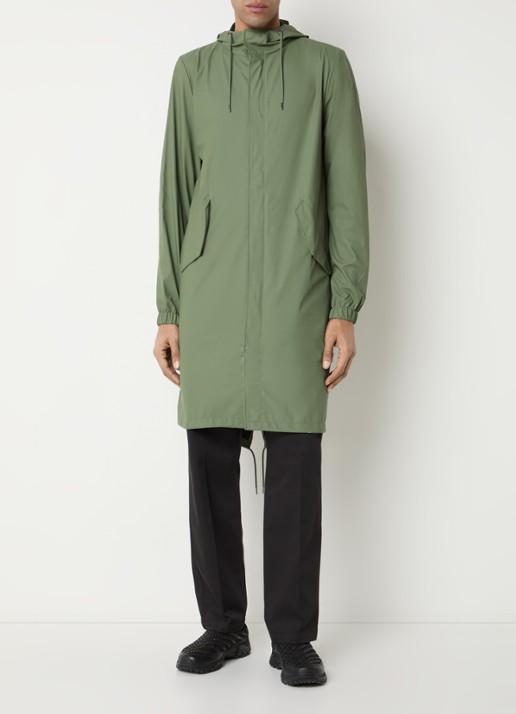 Rains Regenjack met capuchon en klepzakken - voorkant 2 legergroen