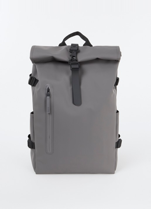 Rains Rolltop Large rugzak met 16 inch laptopvak en waterafstotende coating - voorkant 2 grijs