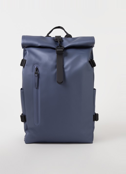 Rains Rolltop Large rugzak met 16 inch laptopvak en waterafstotende coating - voorkant 3 staalblauw