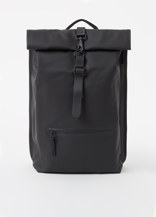 Rains Rolltop rugzak met laptopvak - voorkant zwart
