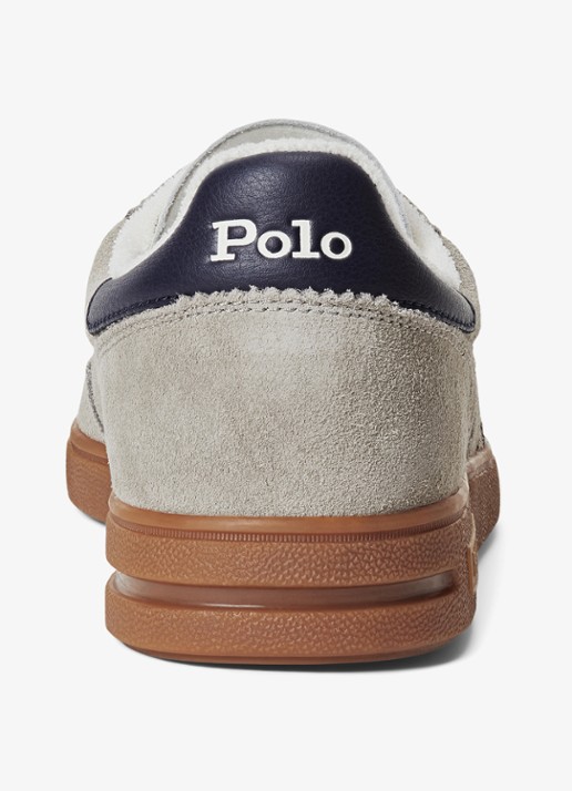 Ralph Lauren Bedford sneaker van suède met leren details en logoborduring - achterkant grijs