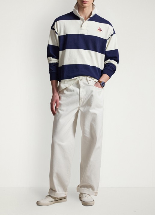 Ralph Lauren Big fit sweater met streepprint en kraag - voorkant 3 newport navy/deckwash white / donkerblauw