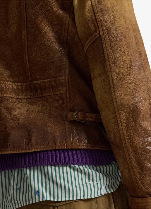 Ralph Lauren Bikerjack van leer met ritszakken - detail brown x / bruin