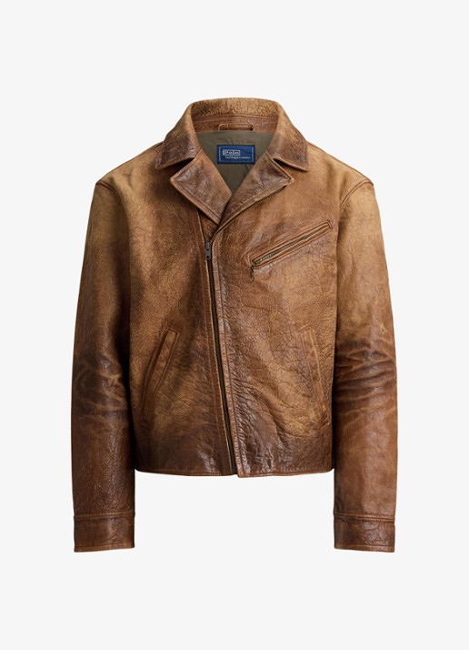 Ralph Lauren Bikerjack van leer met ritszakken - voorkant 3 brown x / bruin