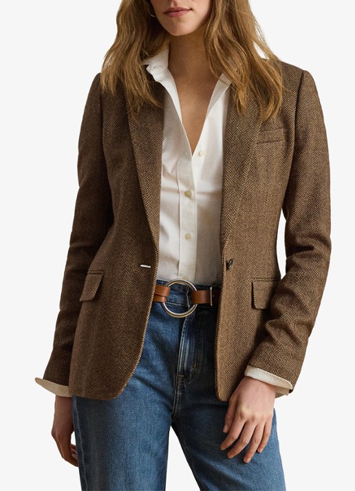 Ralph Lauren Blazer in wolblend met visgraat dessin en klepzakken - detail 3 brown/tan multi / bruin