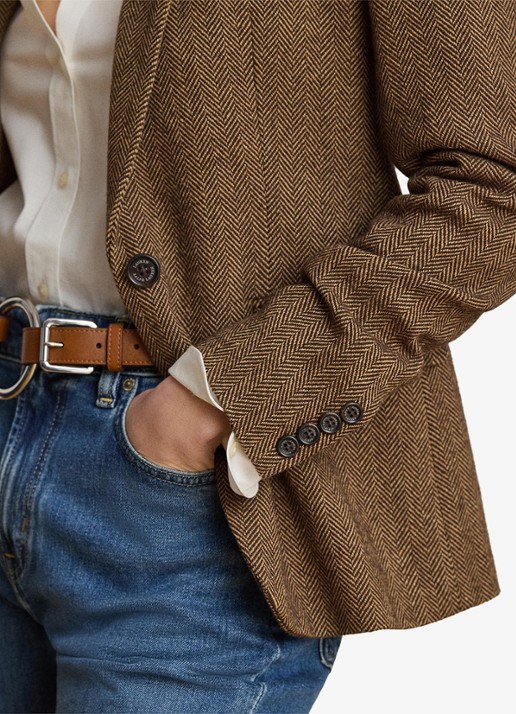 Ralph Lauren Blazer in wolblend met visgraat dessin en klepzakken - detail 4 brown/tan multi / bruin