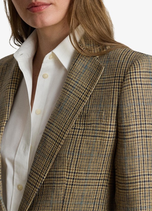 Ralph Lauren Blazer van linnen met pied-de-poule dessin en klepzakken - detail 3 tan/blackmulti / beige