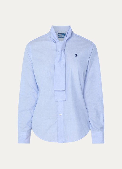 Ralph Lauren Blouse met logo en sjaalkraag - voorkant blauwgrijs