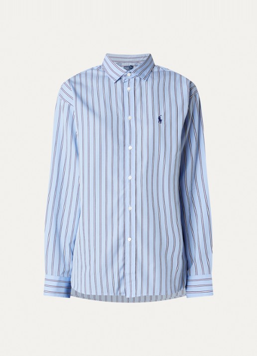 Ralph Lauren Blouse met logo en streepprint - voorkant staalblauw