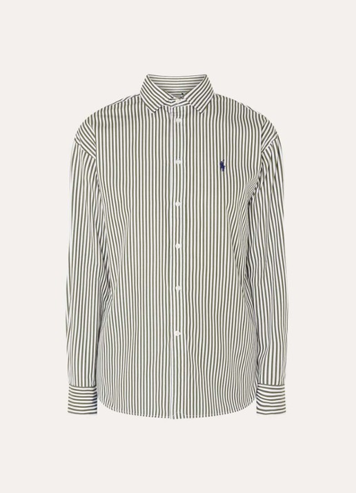 Ralph Lauren Blouse met streepprint en logoborduring - voorkant legergroen