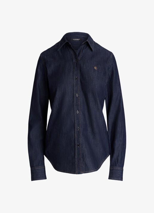 Ralph Lauren Blouse van denim met logoborduring - voorkant 3 rinse wash / blauw
