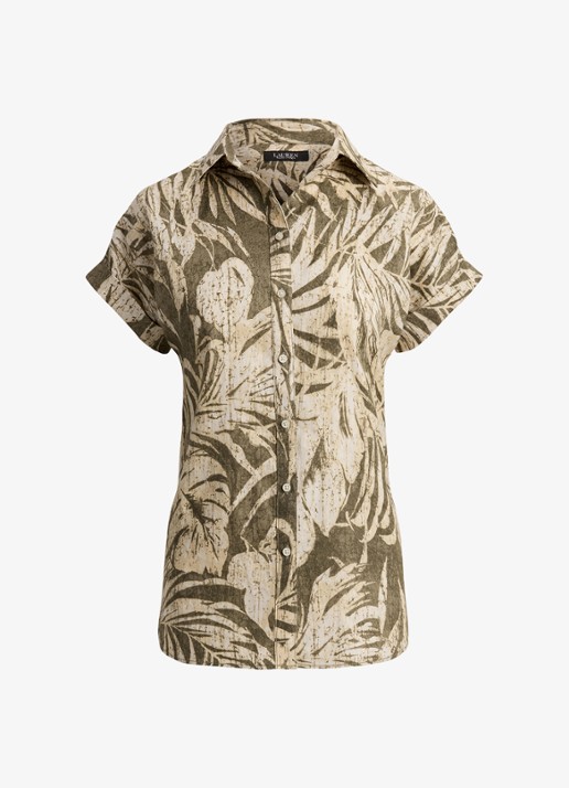 Ralph Lauren Blouse van linnen met bladprint - voorkant 4 olive grove / groen