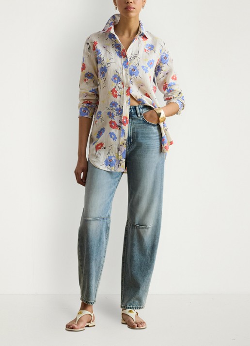 Ralph Lauren Blouse van linnen met bloemenprint - voorkant 2 cream multi / creme