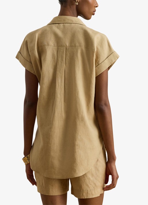 Ralph Lauren Blouse van linnen met korte mouw - achterkant 5 birch tan / beige