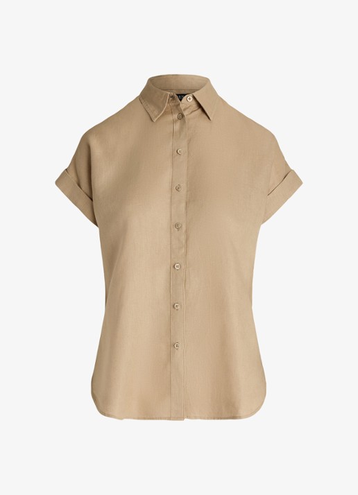 Ralph Lauren Blouse van linnen met korte mouw - voorkant 3 birch tan / beige