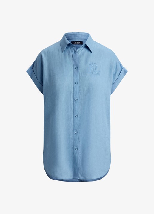Ralph Lauren Blouse van linnen met logoborduring - voorkant 4 blue note / blauw