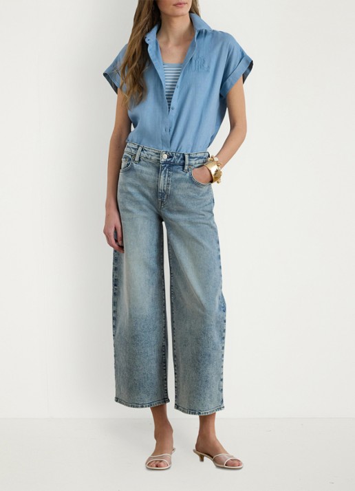 Ralph Lauren Blouse van linnen met logoborduring - voorkant 5 blue note / blauw