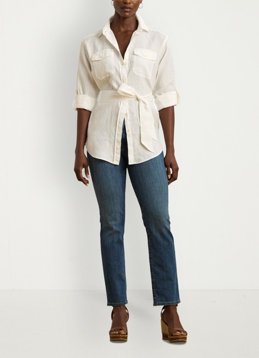 Ralph Lauren Blouse van linnen met strikceintuur - voorkant 2 white / wit