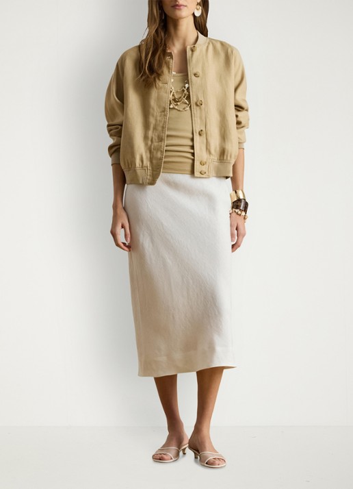 Ralph Lauren Bomberjack van linnen met steekzakken - voorkant 2 birch tan / beige