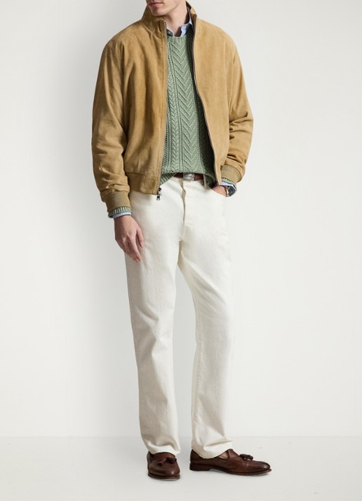 Ralph Lauren Charleton jack van geitensuède met opstaande kraag - voorkant 5 cafe tan suede / beige