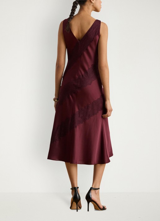 Ralph Lauren Charmeuse midi jurk met details van kant - achterkant dark garnet / bordeauxrood