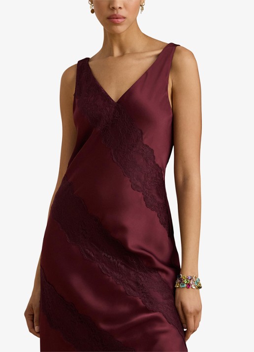 Ralph Lauren Charmeuse midi jurk met details van kant - detail 3 dark garnet / bordeauxrood